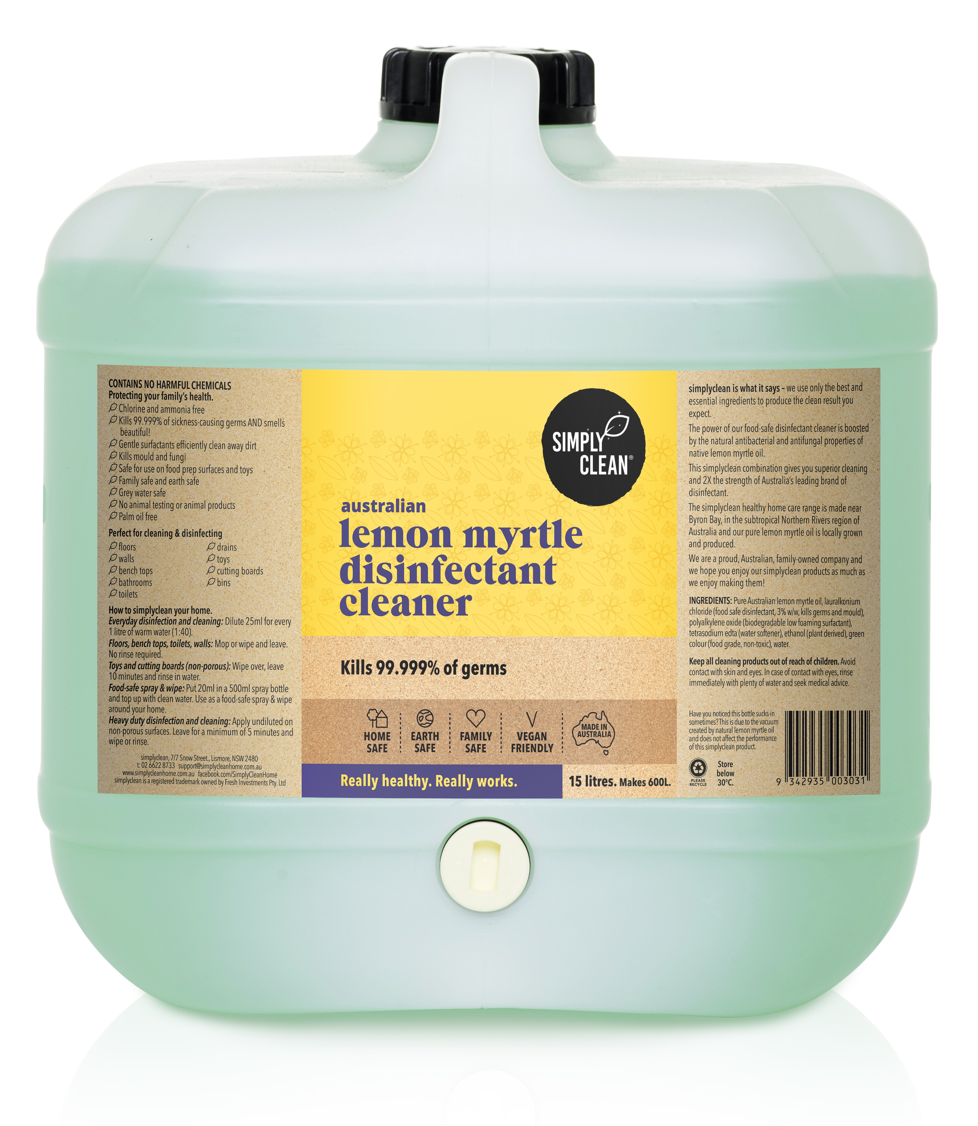 Simply Clean Lemon Myrtle Disinfectant Cleaner 15L 123.19 Health Magic